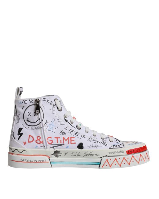 Dolce & Gabbana Multicolor White Cotton Graffiti High Top Sneaker Shoes for men