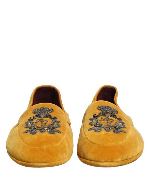 Dolce & Gabbana Brown Yellow Velvet Crown Embroidery Loafers Shoes for men