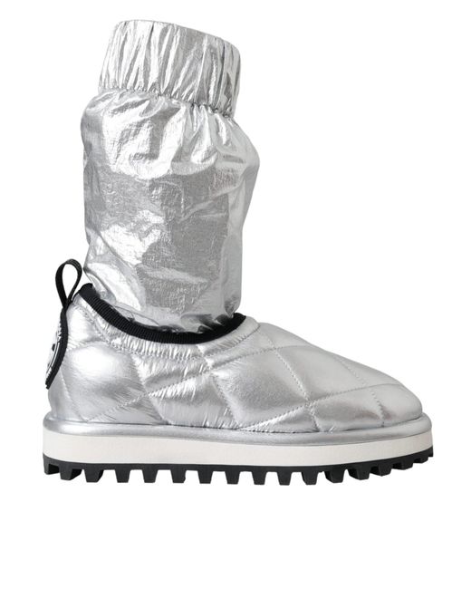 Dolce & Gabbana Gray Metallic Quilted Logo Patch Boot Shoes