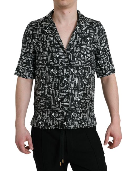 Dolce & Gabbana Black Elegant Silk Polo T-Shirt With Trumpet Print for men