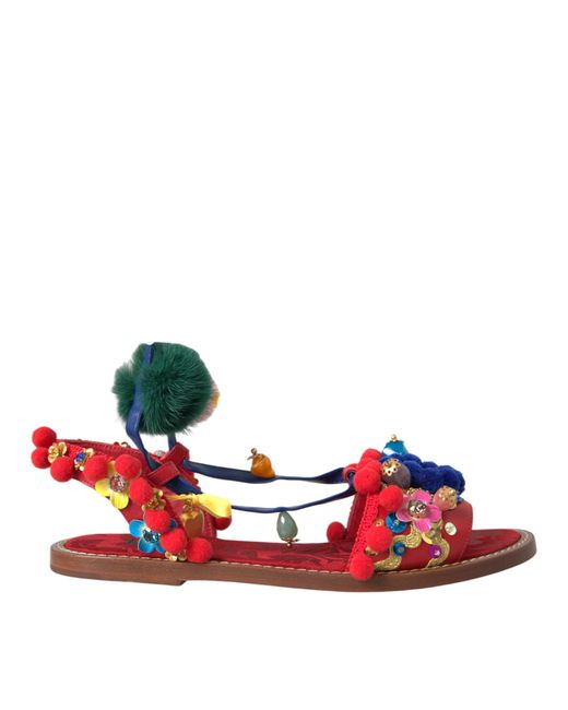 Dolce & Gabbana Red Pom Pom Fur Wrap Sandals Shoes