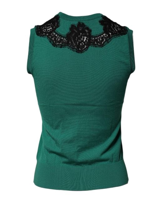 Dolce & Gabbana Green Wool Lace Detail Sleeveless Tank Top for men