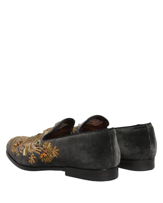 Dolce & Gabbana Black Velvet Embellished Dress Loafers Shoes for men