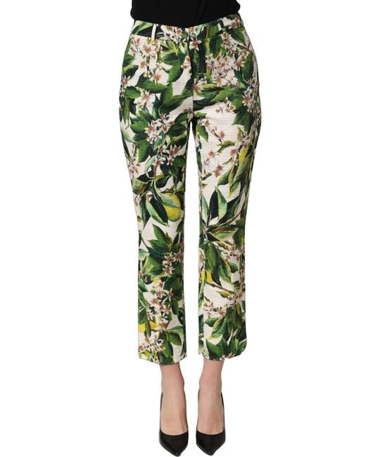 Dolce & Gabbana Green White Floral Print Cropped Straight Pants
