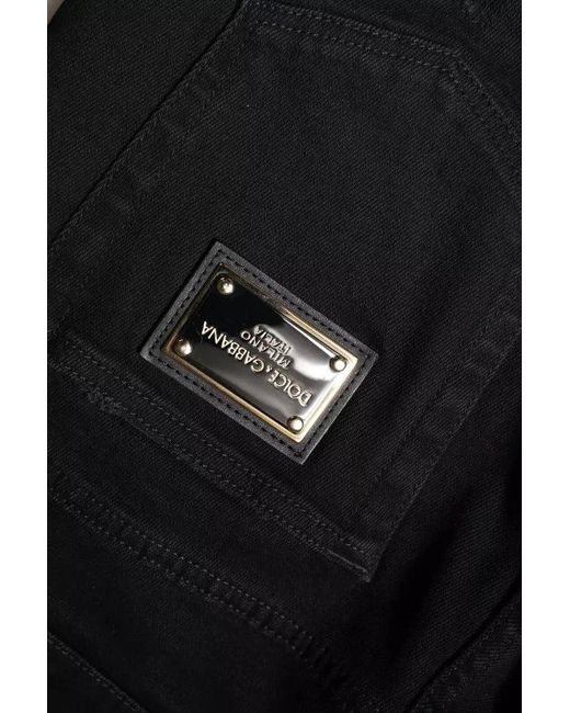 Dolce & Gabbana Black Cotton Tattered Skinny Denim Logo Jeans for men