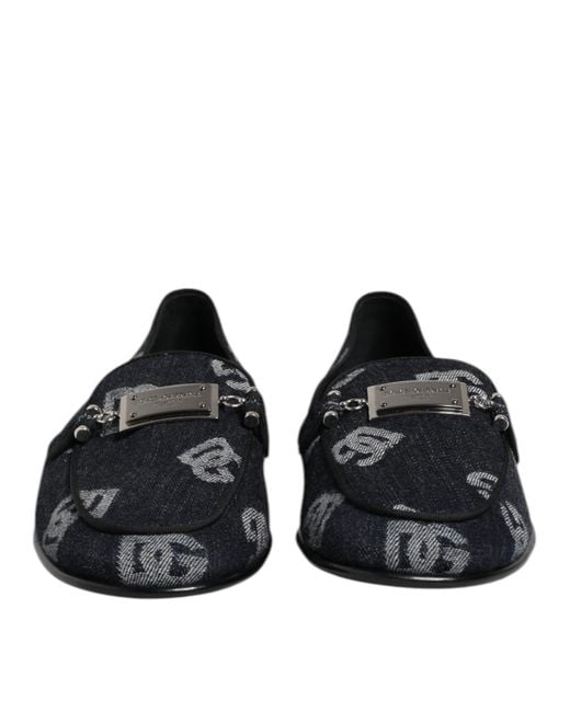 Dolce & Gabbana Black Blue Logo Cotton Loafers Formal Dress Shoes for men