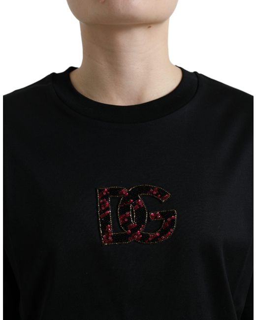 Dolce & Gabbana Black Cotton Dg Crystal Crewneck Tee T-Shirt