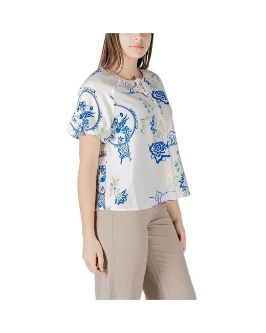 Ichi Blue White Viscose Shortsleeve Shirt