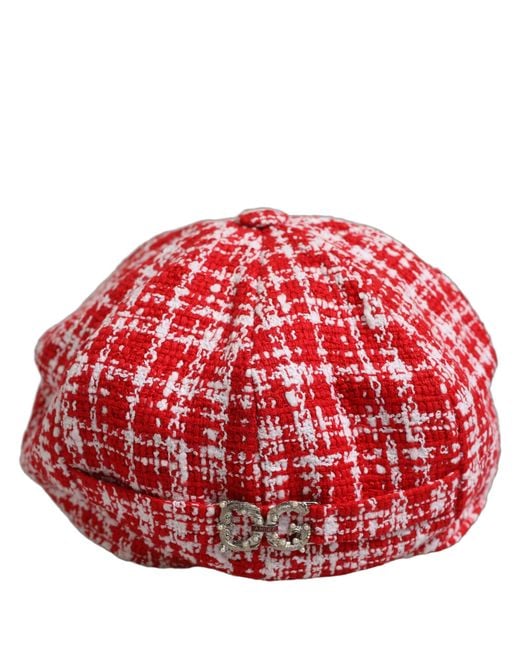 Dolce & Gabbana Red White Tweed Textured Baker Boy Capello Hat