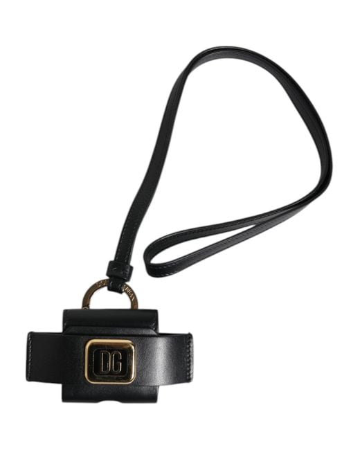 Dolce & Gabbana Black Leather Strap Metal Logo Plaque Airpods Case for men