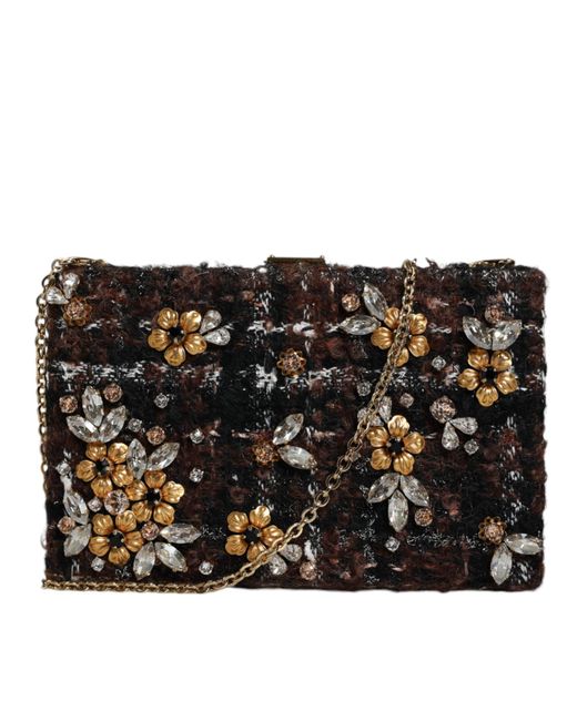 Dolce & Gabbana Black Multicolor Tweed Floral Clutch Evening Party Purse Crossbody Bag