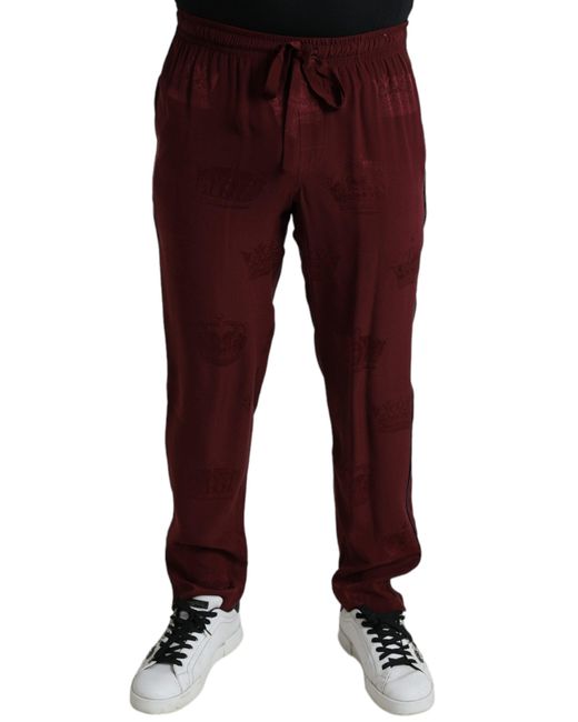 Dolce & Gabbana Red Maroon Crown Pattern Silk Pajama Pants for men