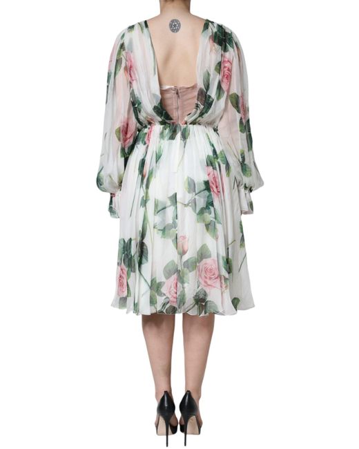 Dolce & Gabbana White Silk Floral Print A-Line Midi Dress