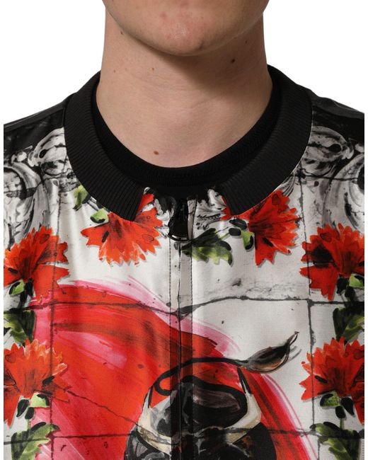 Dolce & Gabbana Black Multicolor Majolica Bull Print Bomber Jacket for men