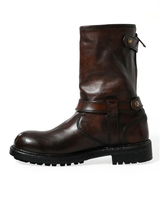 Dolce & Gabbana Brown Leather Mid Calf Biker Boots Shoes for men