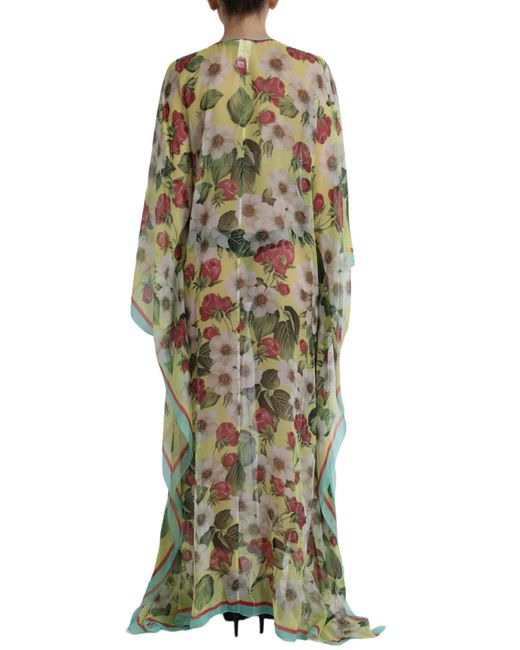 Dolce & Gabbana Green Multicolor Floral Silk Kaftan Maxi Dress