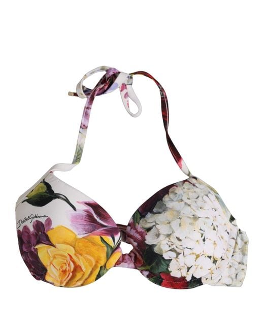 Dolce & Gabbana Multicolor White Floral Print Nylon Beachwear Bikini Top