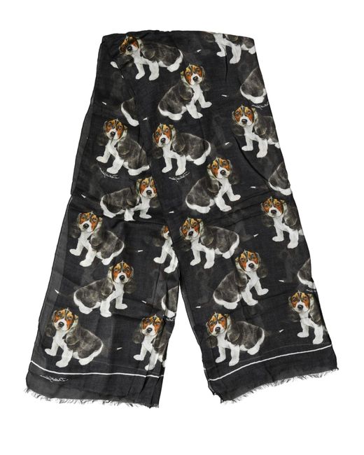 Dolce & Gabbana Black Dog Print Modal Wool Wrap Foulard 178Cm X 63Cm Scarf for men