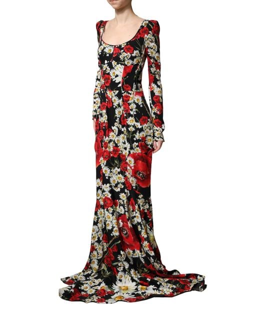 Dolce & Gabbana Red Black Floral Silk Long Sleeves Gown Dress