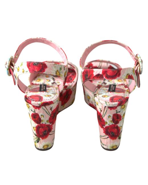 Dolce & Gabbana Red Multicolor Floral Print Wedges Floral Ankle Strap Sandals