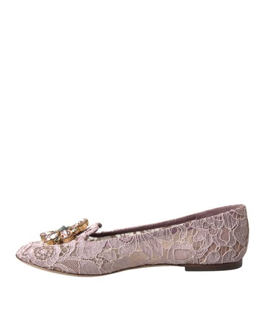 Dolce & Gabbana Pink Lace Crystal Ballet Flats Loafers Shoes