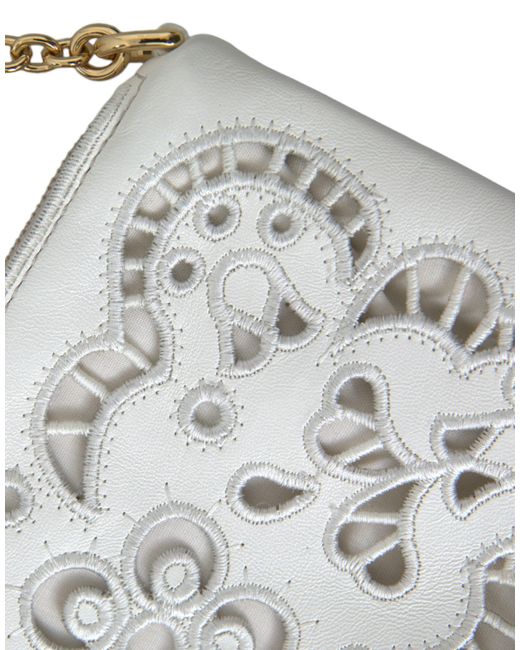 Dolce & Gabbana Gray Embroidered Floral Leather Clutch With Chain Strap