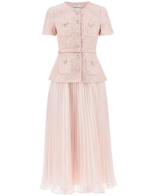 Self-Portrait Midi Dress With Pleated Skirt in Pink | Lyst