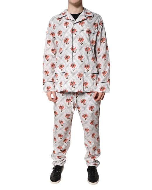 Dolce & Gabbana White Floral Print Cotton Pajama Set Sleepwear for men