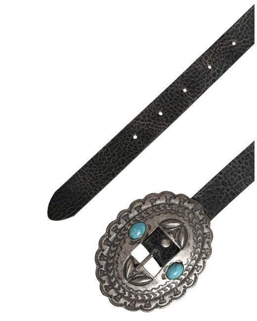 Roberto Cavalli Gray Black Turquoise Leather Embellished Oval Buckle Belt