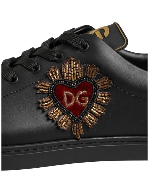 Dolce & Gabbana Brown Black Leather Heart Embellished Sneakers Shoes for men