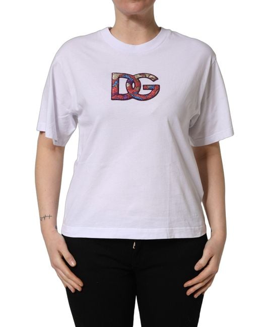 Dolce & Gabbana White Cotton Dg Logo Patch Crew Neck T