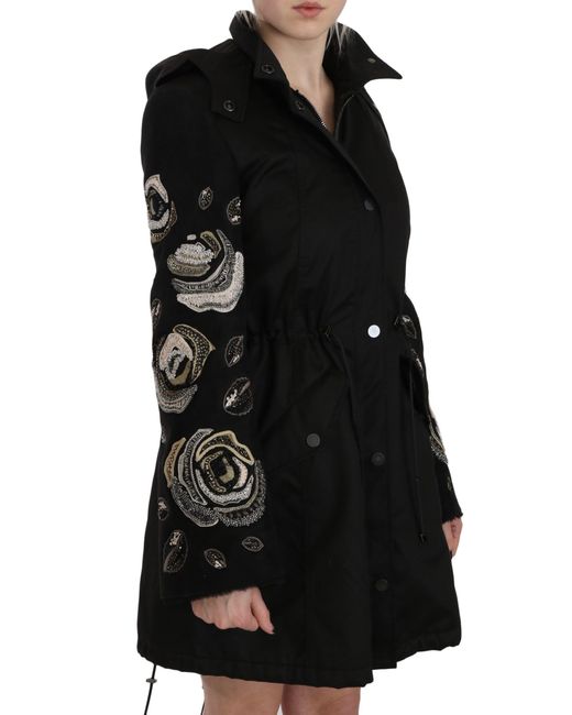 John Richmond Floral Sequined Beaded Hooded Coat Black Jkt2341
