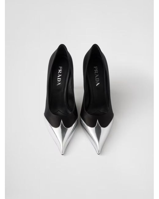 Prada White Black Satin And Metallic Silver Leather Pumps