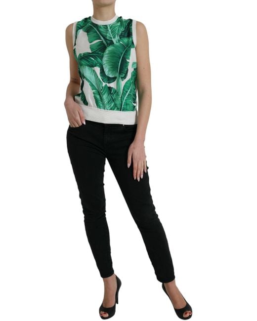 Dolce & Gabbana Green Banana Leaf Print Crew Neck Tank Top