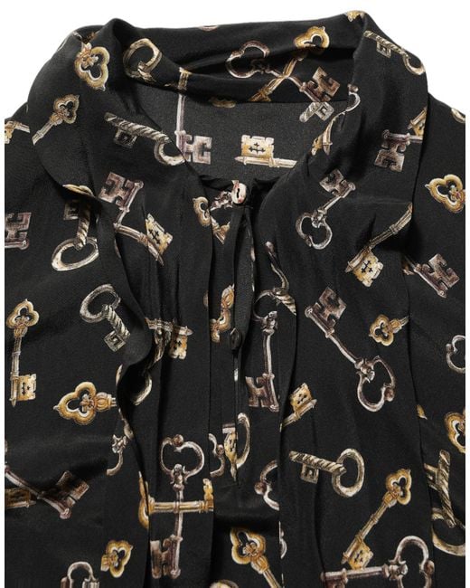 Dolce & Gabbana Black Keys Print Silk Tie Neck Blouse Top