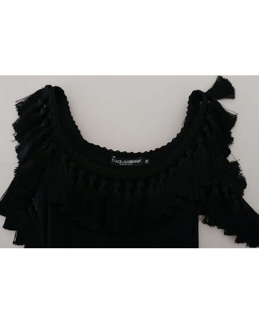 Dolce & Gabbana Black Tank Top Tassle Cotton Blouse