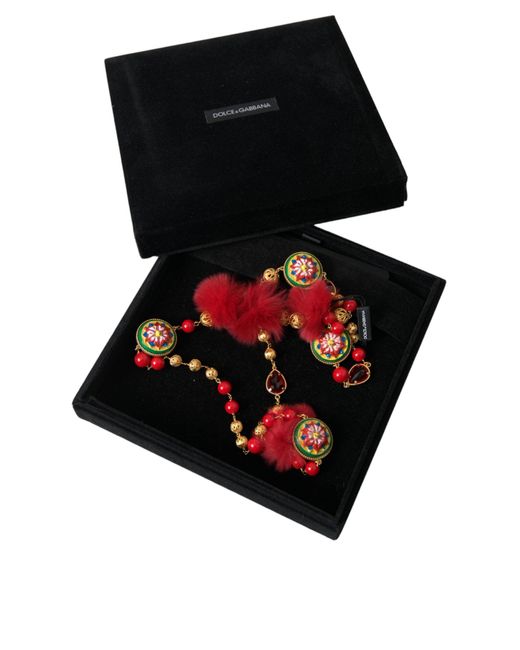 Dolce & Gabbana Gold Brass Red Fur Crystal Carretto Chain Necklace