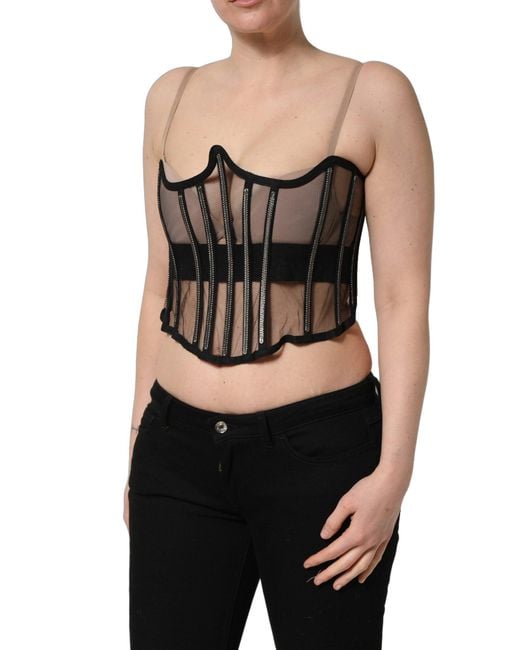 Dolce & Gabbana Black Sheer Tulle Bodysuit Cropped Corset Top