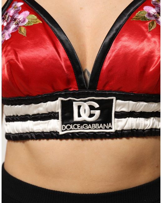 Dolce & Gabbana Red Satin Floral Embroidered Bralette Crop Top