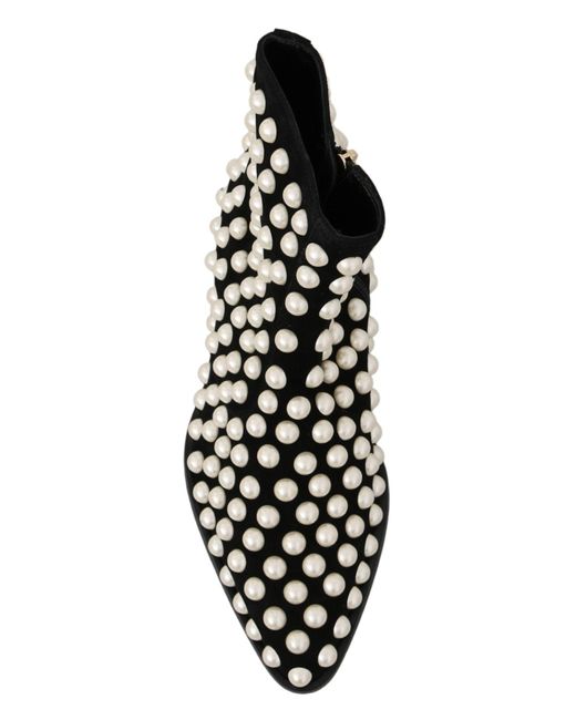 Dolce & Gabbana Black Suede Pearl Studs Boots Shoes