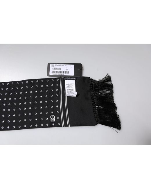 Dolce & Gabbana Black Polka Dotted Silk Skinny Fringes Scarf for men