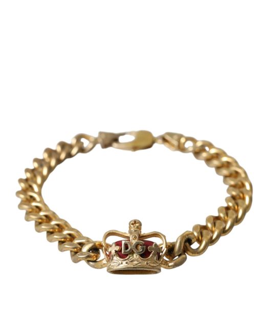 Dolce & Gabbana Metallic Gold Tone Brass Crown Charm Curb Chain Bracelet