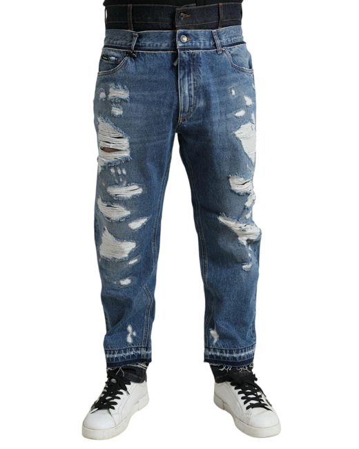 Dolce & Gabbana Blue Tattered Cotton Denim Jeans for men