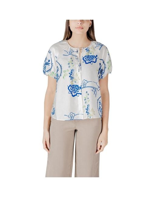 Ichi Blue White Viscose Shortsleeve Shirt