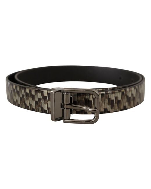 Dolce & Gabbana Black Herringbone Leather Gray Belt