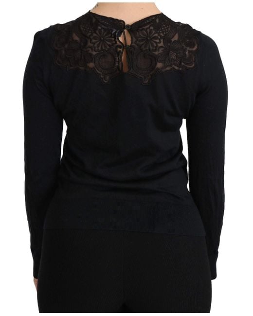 Dolce & Gabbana Black Silk Lace Crew Neck Long Sleeve Blouse