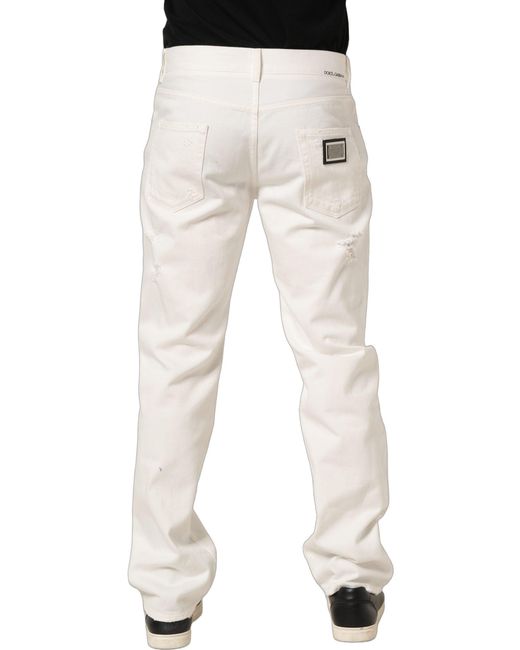 Dolce & Gabbana Natural White Cotton Distressed Straight Denim Jeans for men