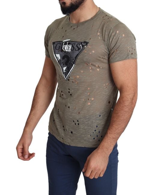 Guess Gray Cotton Stretch Logo Print Casual Perforated T-Shirt for men