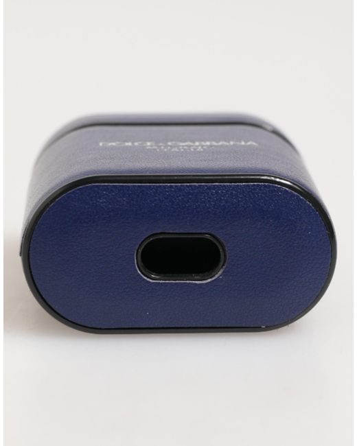 Dolce & Gabbana Blue Leather Logo Print Flip Holder Men Airpods Case
