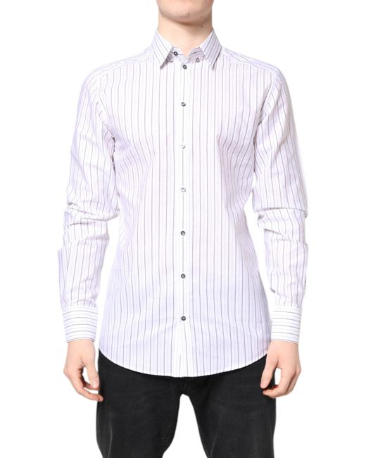 Dolce & Gabbana White Stripes Cotton Gold Formal Dress Shirt for men